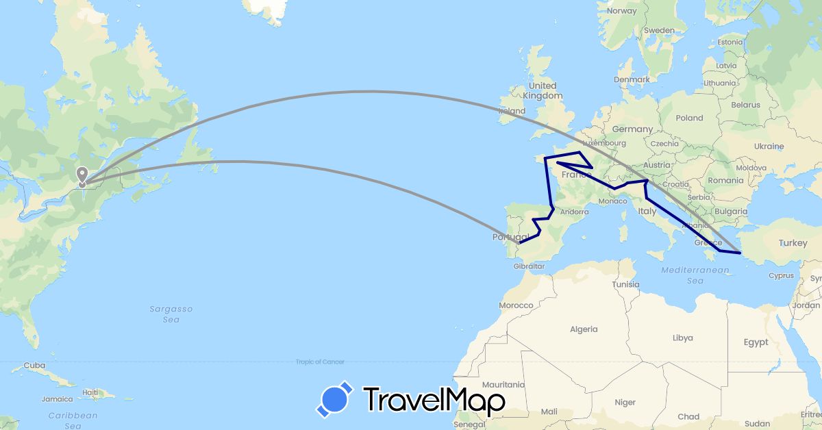 TravelMap itinerary: driving, plane in Canada, Spain, France, Greece, Italy (Europe, North America)